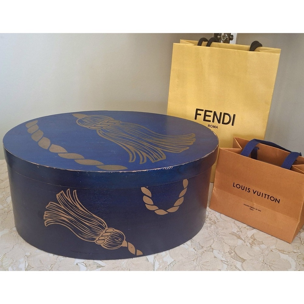 Alexandra deMarkoff Vintage Blue Wooden Shaker Box with Painted Gold Tassels